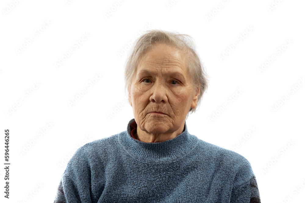 Portrait of an old serious woman on a white background Portrait of an old serious woman on a white background