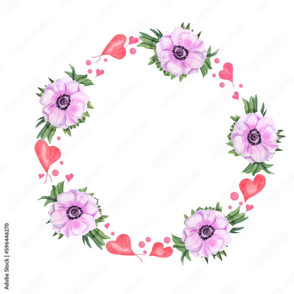 Watercolor wreath with anemones and hearts isolated on  transparent background. Botanical painting for postcard design, Valentine day, birthday, mother day cards, wedding invitation