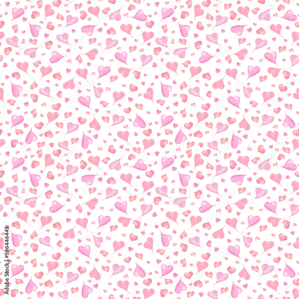 Watercolor celebration seamless pattern with pink hearts isolated on pink background . Perfect for Save the date, Valentines day, birthday, mothers day cards, invitation and greeting templates