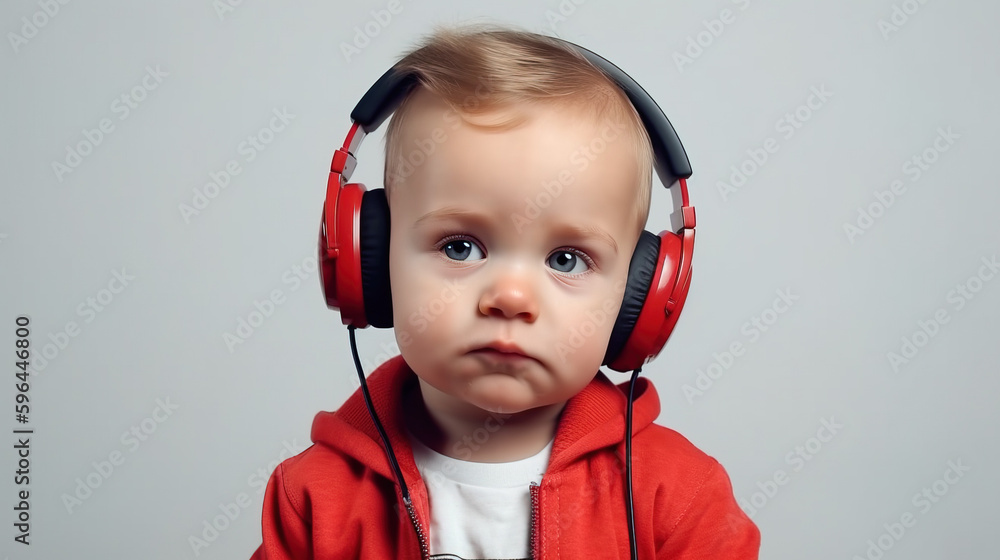 Little cute kid crying with headphones while listening to music. AI