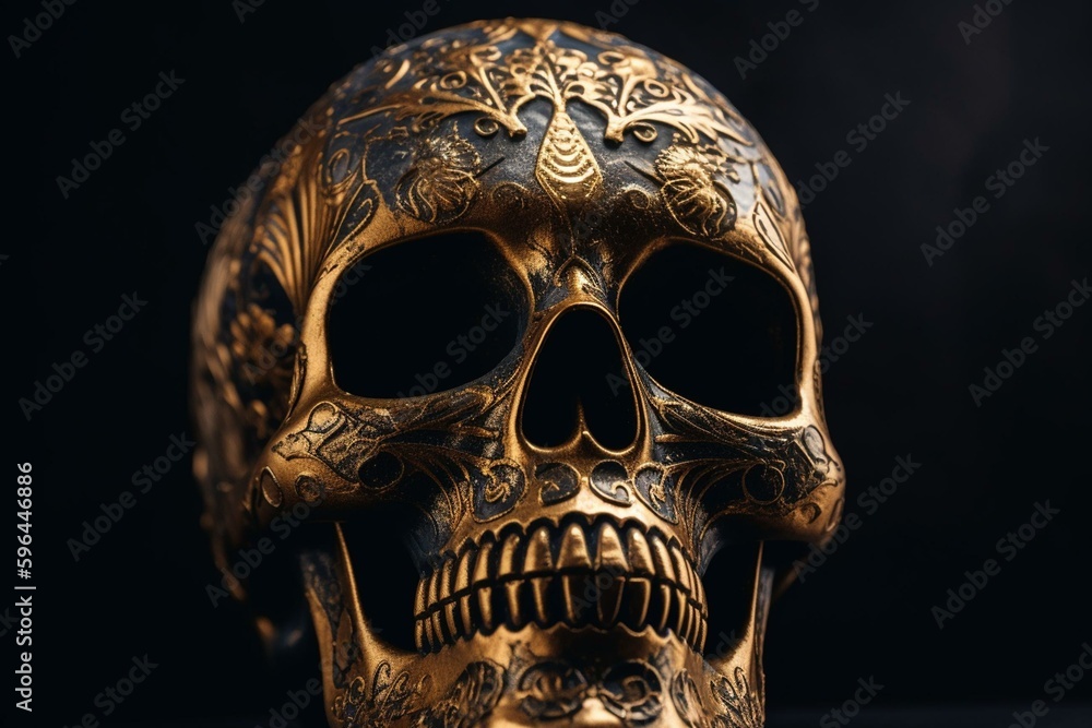 Digital artwork honors Day of the Dead with the gilded skull signifying the revival of cherished ones. Generative AI