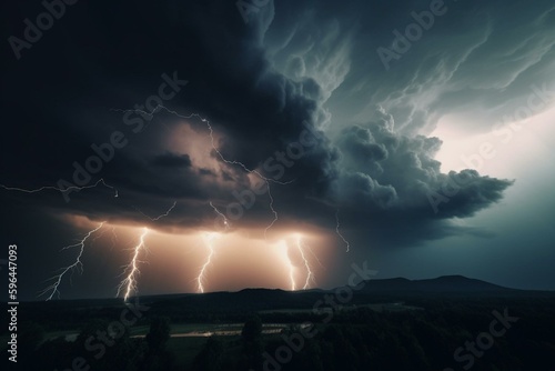 Thunderstorm clouds with lightning strikes. Generative AI