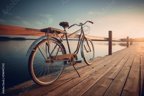 Bike parked on wooden bridge by water. Generative AI