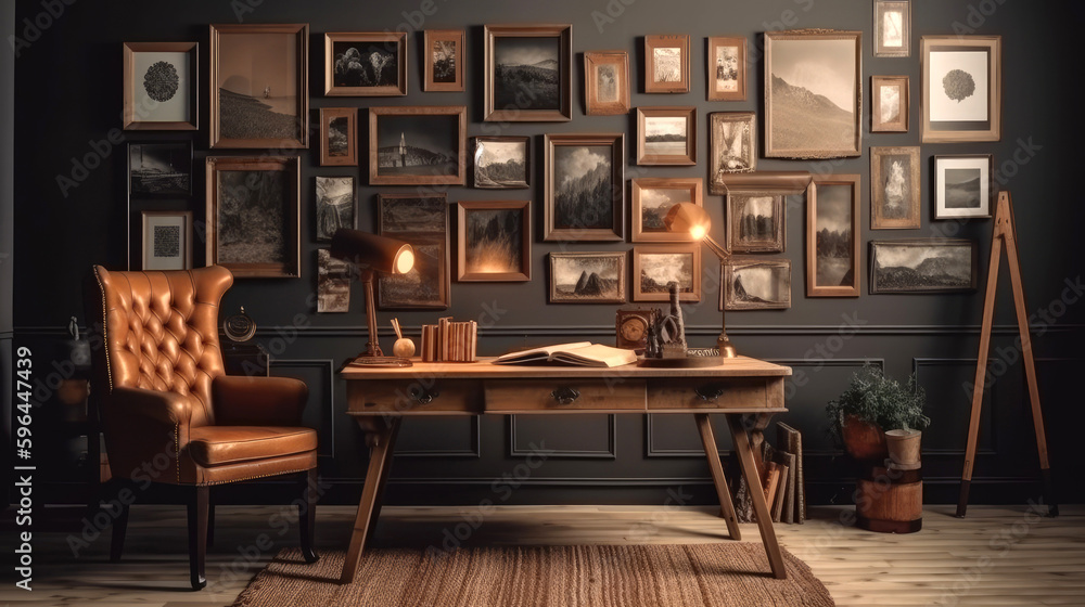 A cozy study room with a vintage desk, a leather armchair, and a gallery wall of photo frames. Generative AI