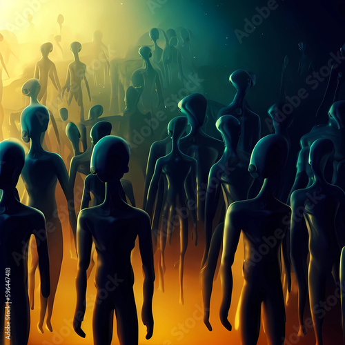 A crowd of aliens. Generative AI.