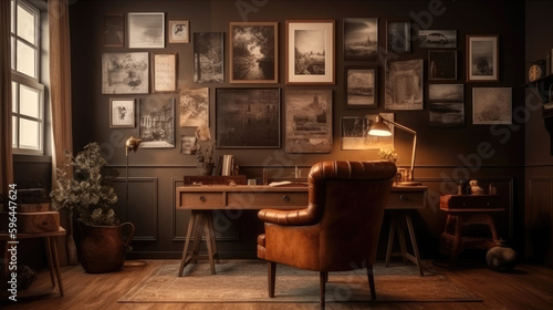 A cozy study room with a vintage desk, a leather armchair, and a gallery wall of photo frames. Generative AI © piai