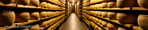 Rustic atmosphere and intricate maturing process of French cheese in a cellar corridor. Ideal for illustrating the tradition and patience of the terroir. Generative AI