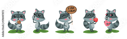 Cute Raccoon with Striped Tail Engaged in Different Activity Vector Set