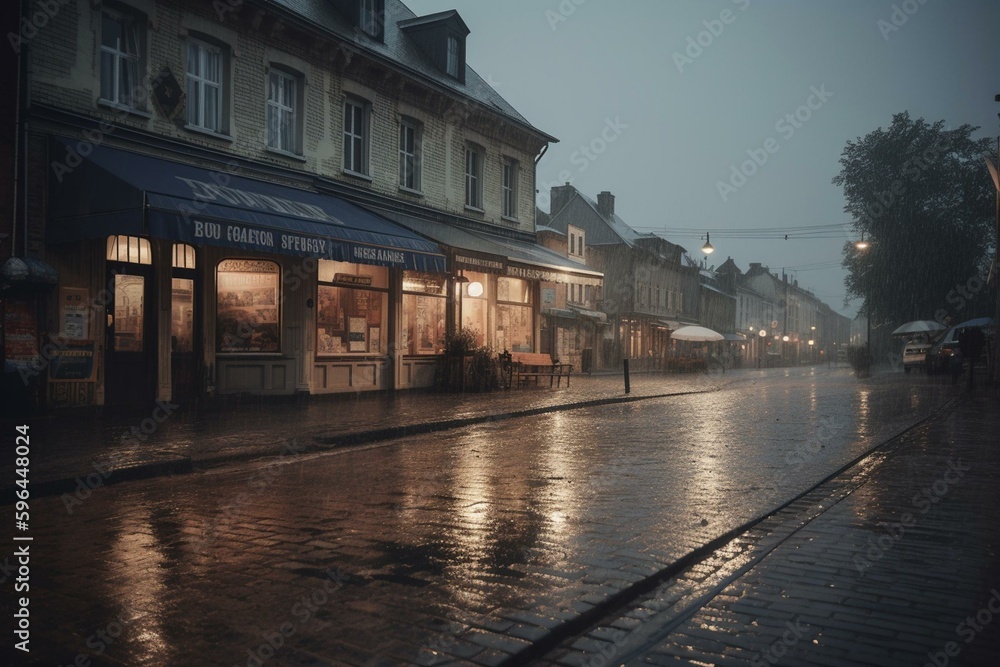 A rainy small town. Generative AI