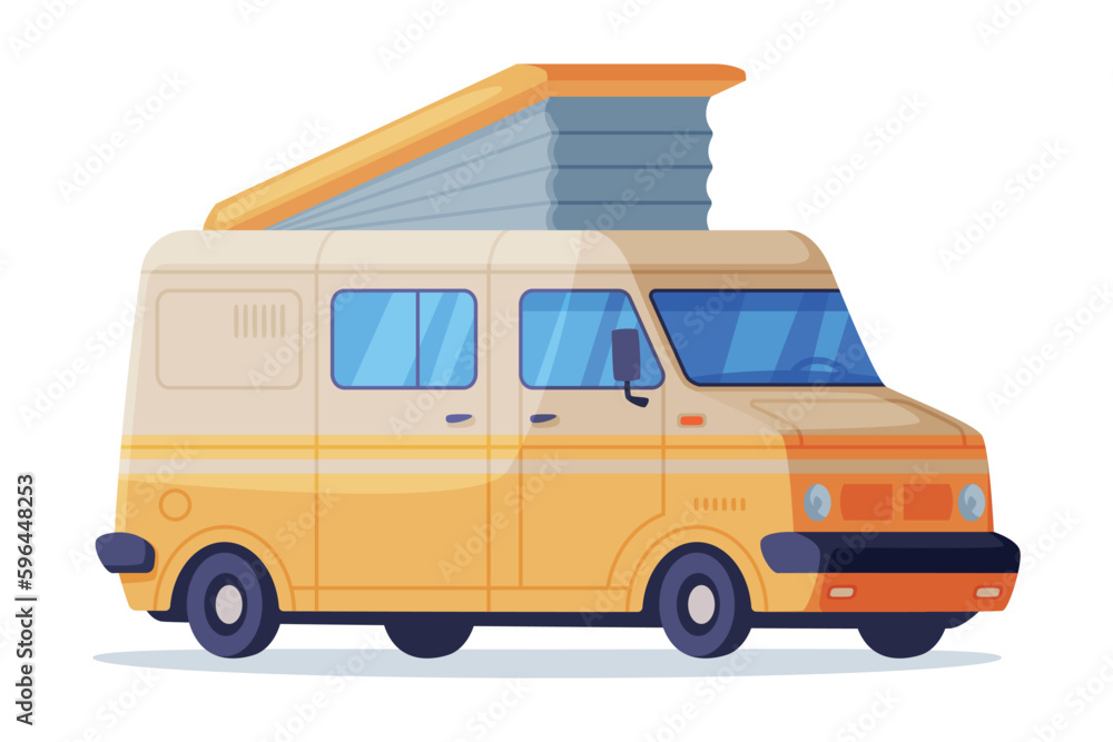 Retro camping trailer. Side view of camping recreational vehicle van, mobile home on wheels vector illustration