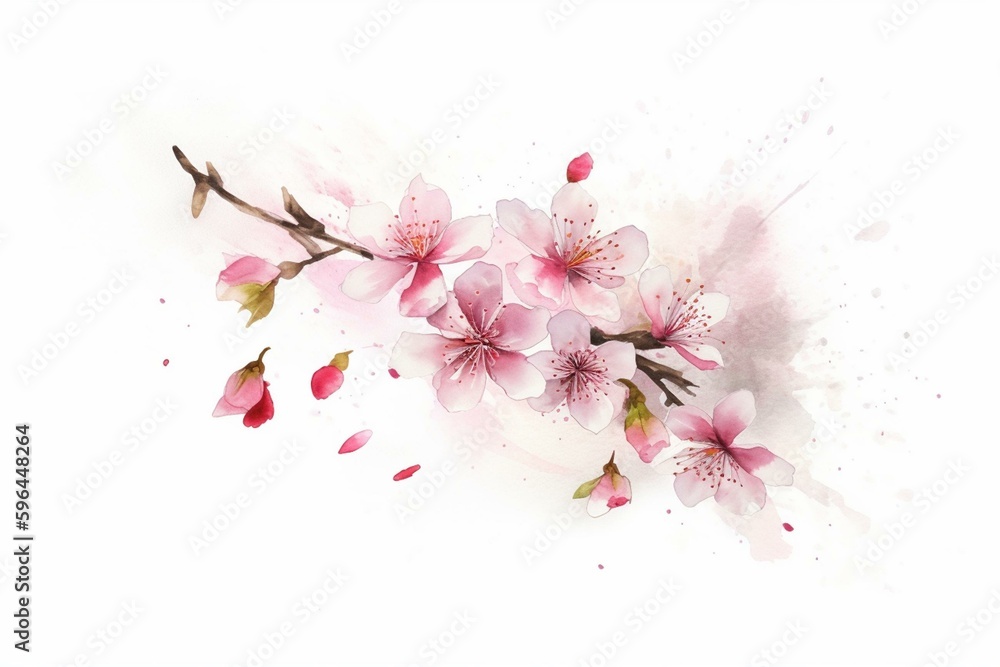 Watercolor illustration of sakura flowers in frame with falling petals ...