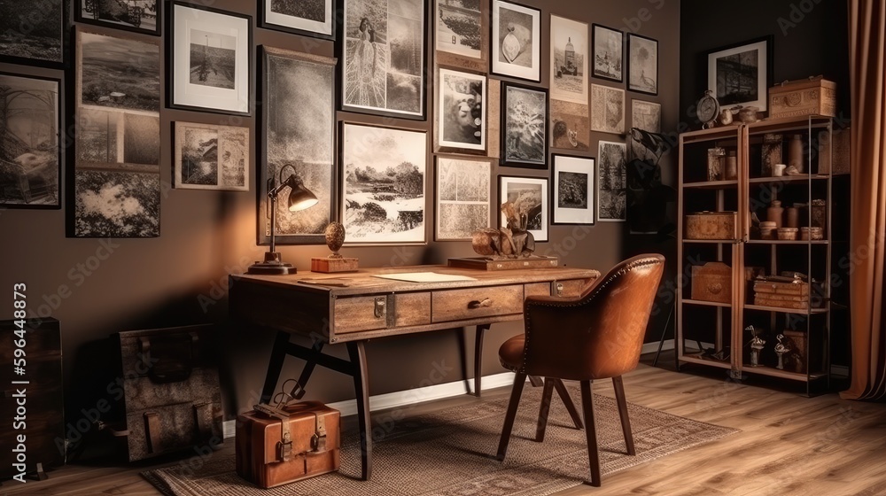 A cozy study room with a vintage desk, a leather armchair, and a gallery wall of photo frames. Generative AI