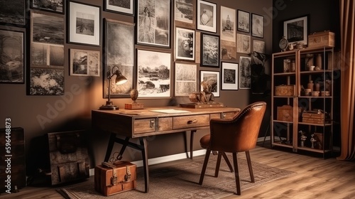 A cozy study room with a vintage desk  a leather armchair  and a gallery wall of photo frames. Generative AI