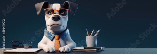 professional  dog  wearing glasses and tie  working  at the table with documents and stationary working animal concept, profesional working concept, finance and money concept,  generative AI © RickyRynselo