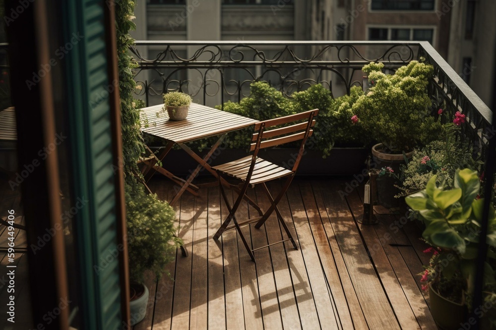 A balcony overlooking the street with chairs and plants on the deck. Generative AI