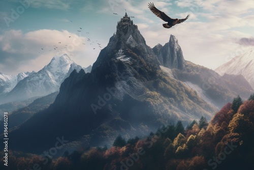 A mountain painting with a distant castle, bird in flight, and bird in foreground. Generative AI