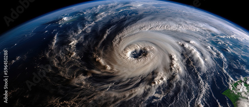 Cinematic aerial space view of Earth with disastrous cyclone and thunderstorm