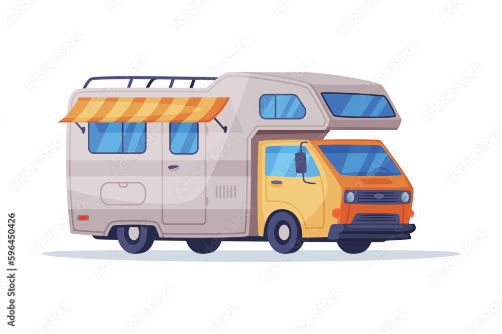 Camping trailer truck with awning. Recreational vehicle van, mobile home on wheels vector illustration
