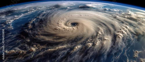 Cinematic aerial space view of Earth with disastrous cyclone and thunderstorm