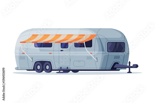 Mobile home on wheels with awning. Camping travel trailer vector illustration