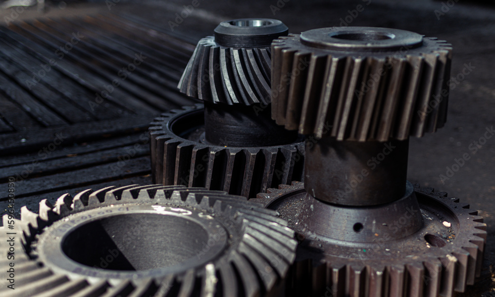 Spur, helical and bevel gears construction and production. Rusted metal Spur, helical and bevel gears construction and production. Rusted metal