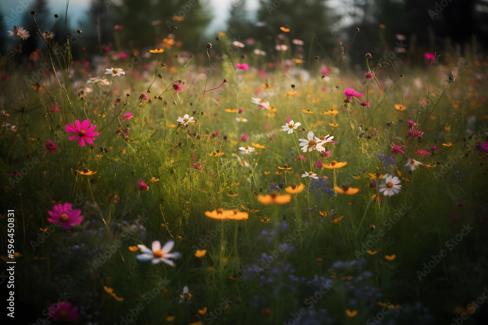 A vibrant field of wildflowers, swaying in the gentle breeze and surrounded by lush greenery, is a picturesque scene that captures the beauty of summer