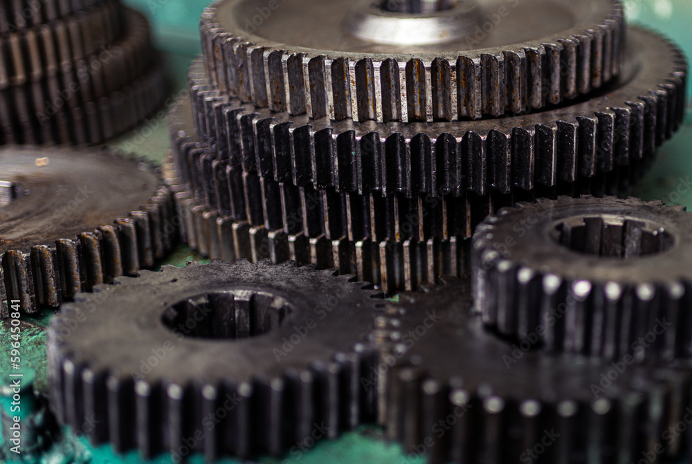 Spur, helical and bevel gears construction and production. Rusted metal Spur, helical and bevel gears construction and production. Rusted metal