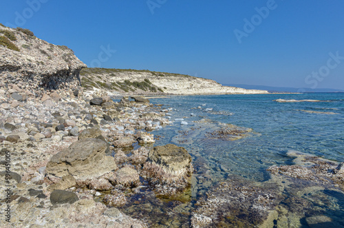 cove with crystal clear water on Alacati coast near Gilikli beach (Cesme, Izmir province, Turkey) 