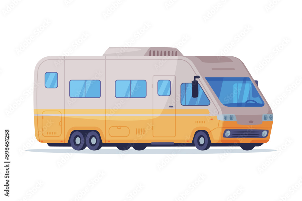 RV camper motor home. Retro house on wheels, recreational vehicle vector illustration RV camper motor home. Retro house on wheels, recreational vehicle vector illustration