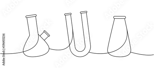 Lab glassware one line continuous drawing. Buchner flask  glass U tube  glassware continuous one line illustration. Vector linear illustration.