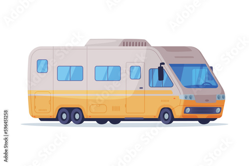 RV camper motor home. Retro house on wheels, recreational vehicle vector illustration