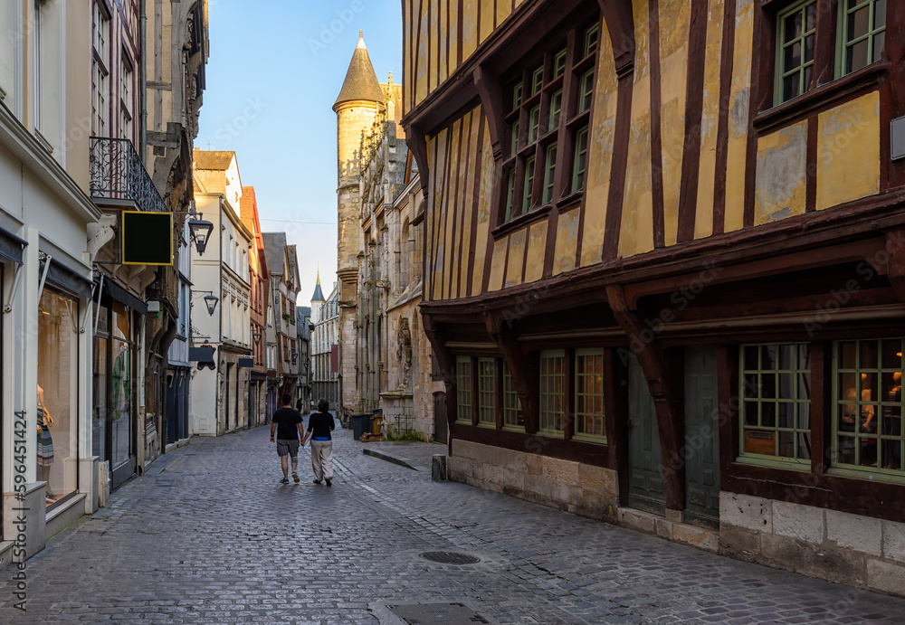 Street with timber framing houses in Rouen, Normandy, France. Architecture and landmarks of Rouen. Cozy cityscape of Rouen