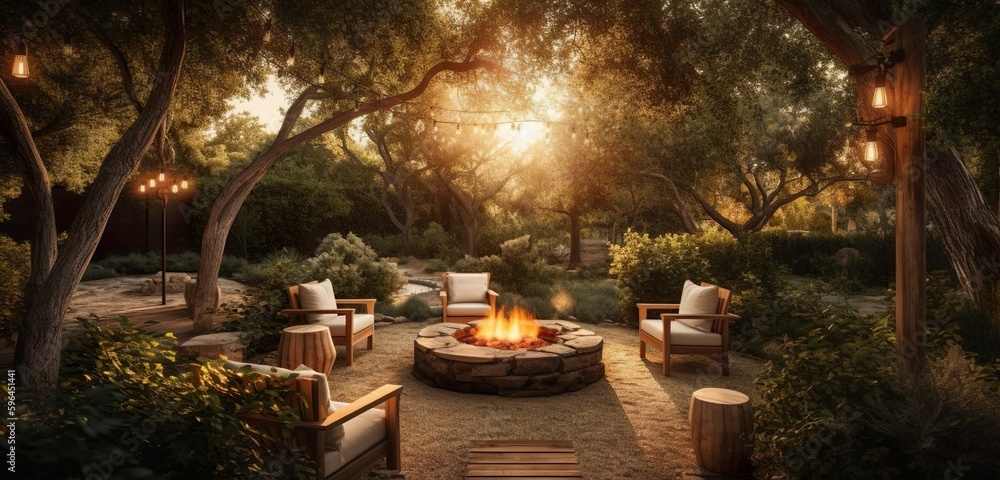 A rustic outdoor living room, complete with plush armchairs, generative Ai A rustic outdoor living room, complete with plush armchairs, generative Ai