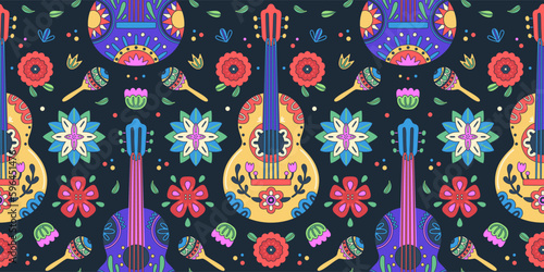Cinco de Mayo celebration. Mexican holiday. Colorful design of flowers, cactuses, maracas, guitars on a dark background. Fiesta banner, poster, header. Vector illustration
