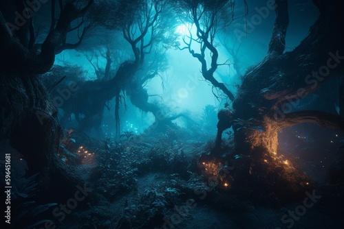 Enchanting mystical forest at night. Glowing neon lights and silhouette trees create fairy-tale ambiance with fog. 3D illustration. Generative AI © Pavel