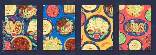 Vector set of a4 templates with patterns of traditional mexican food such as tacos, burritos, guacamole, salsa, nachos, etc. Designs for menu covers, cookbooks, posters, banners. Mexican cuisine
