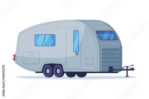 Mobile home on wheels for outdoor adventures. Side view of tiny travel trailer recreational vehicle vector illustration