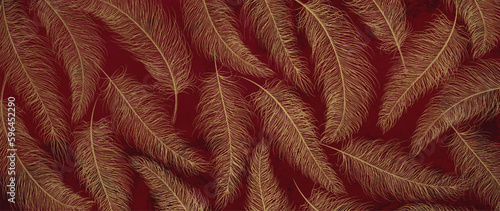 Dark red art background with hand drawn feathers in gold line art style. Vector pattern for decoration design, wallpaper, print, interior design, poster, textile.