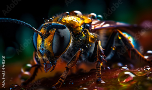 Front side of the worker bee in the water droplets. Macro shot of a honey insect at black blurred backdrop. Generative AI. © Vadim