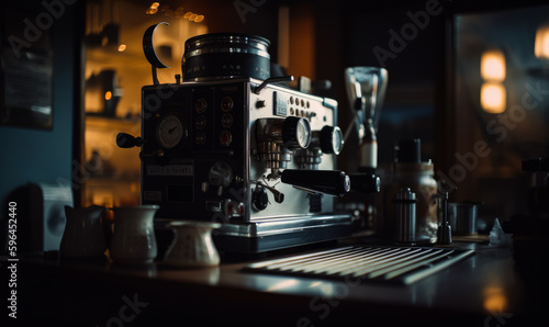 Old-fashioned coffee machine on the bar stand. Cups and pitchers around. Blurred backdrop. Generative AI.
