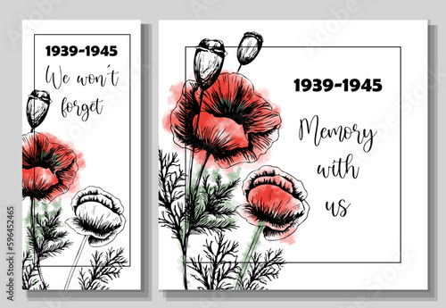 Remembrance day banner set. Poster about World War II 1939-1945. Red poppies are a symbol of memory and sorrow photo