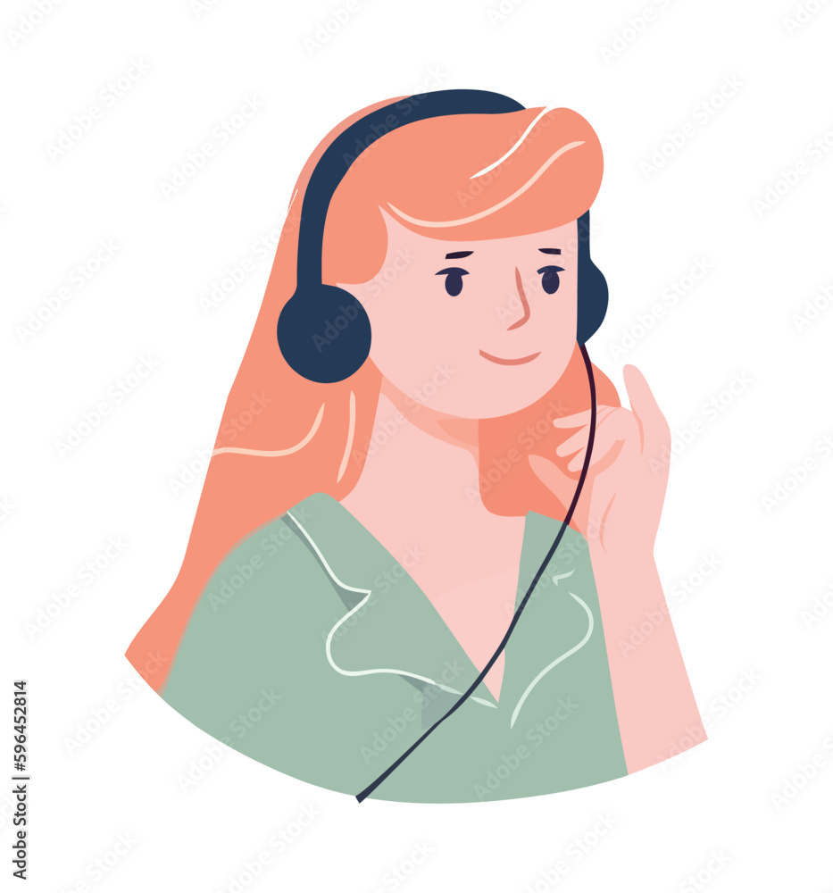 Smiling businesswoman wearing headphones character Smiling businesswoman wearing headphones character