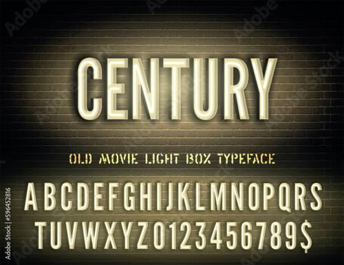 Vector vintage Century night light sign and old movie style narrow yellow neon box font with numbers on dark brick wall background