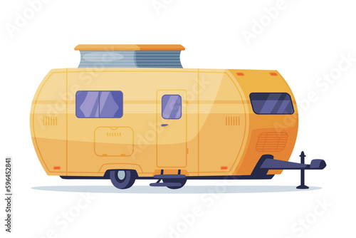 Mobile home on wheels for outdoor adventures. Side view of yellow travel recreational vehicle vector illustration
