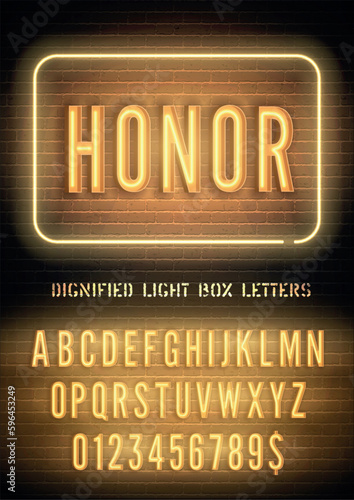 Honor sign and yellow neon box font with numbers on vector dark brick wall background. Orange night light alphabet extra with glow effect