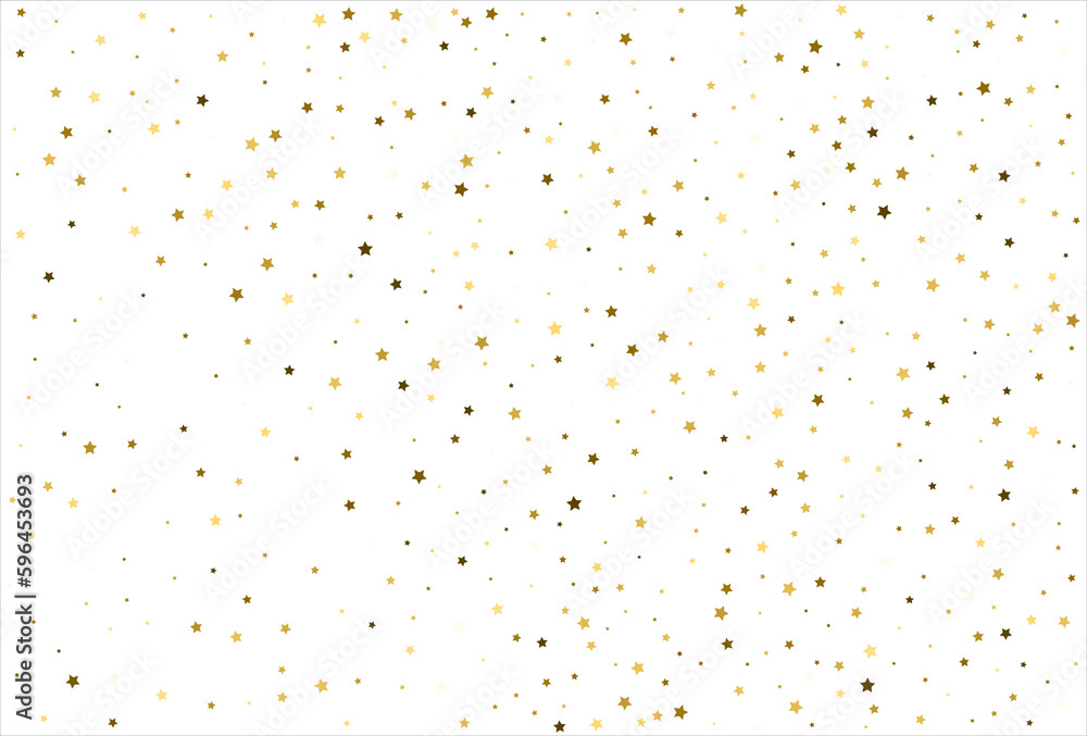 Random falling gold stars on white background. Glitter pattern for banner, greeting card, Christmas and New Year card, invitation, postcard, paper packaging