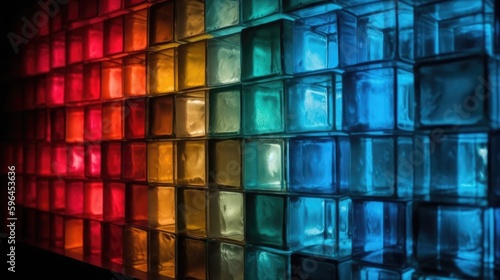 Vibrant Colorful Glass Brick Wall, Innovative Architectural Design, Stunning Visual Impact, Creative Building Material, Generative AI Illustration