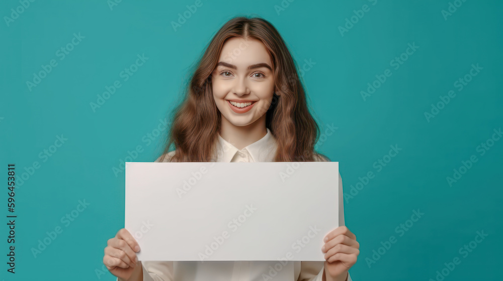 Frau zeigt Tafel Mockup Freude Verkäuferin Werbung Illustration (Generative AI) Digital Art Background Cover Hintergrund Frau zeigt Tafel Mockup Freude Verkäuferin Werbung Illustration (Generative AI) Digital Art Background Cover Hintergrund