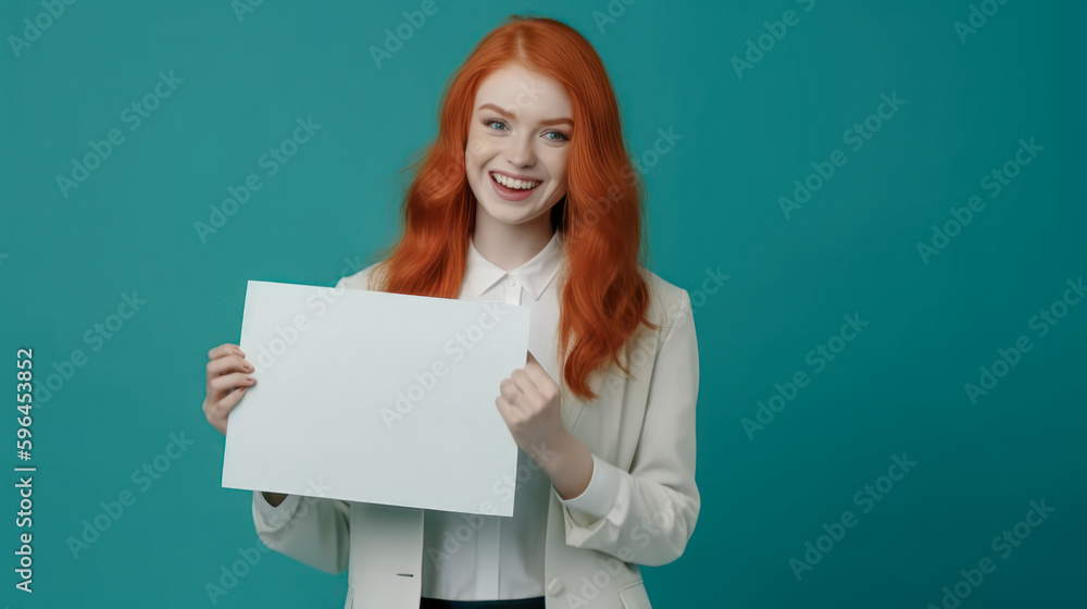 Frau zeigt Tafel Mockup Freude Verkäuferin Werbung Illustration (Generative AI) Digital Art Background Cover Hintergrund Frau zeigt Tafel Mockup Freude Verkäuferin Werbung Illustration (Generative AI) Digital Art Background Cover Hintergrund