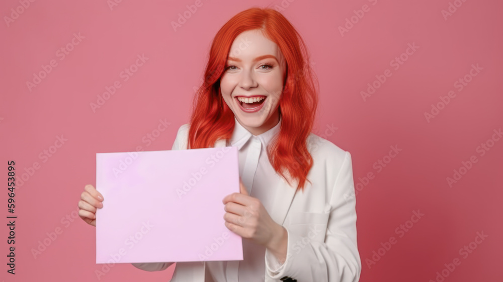 Frau zeigt Tafel Mockup Freude Verkäuferin Werbung Illustration (Generative AI) Digital Art Background Cover Hintergrund Frau zeigt Tafel Mockup Freude Verkäuferin Werbung Illustration (Generative AI) Digital Art Background Cover Hintergrund